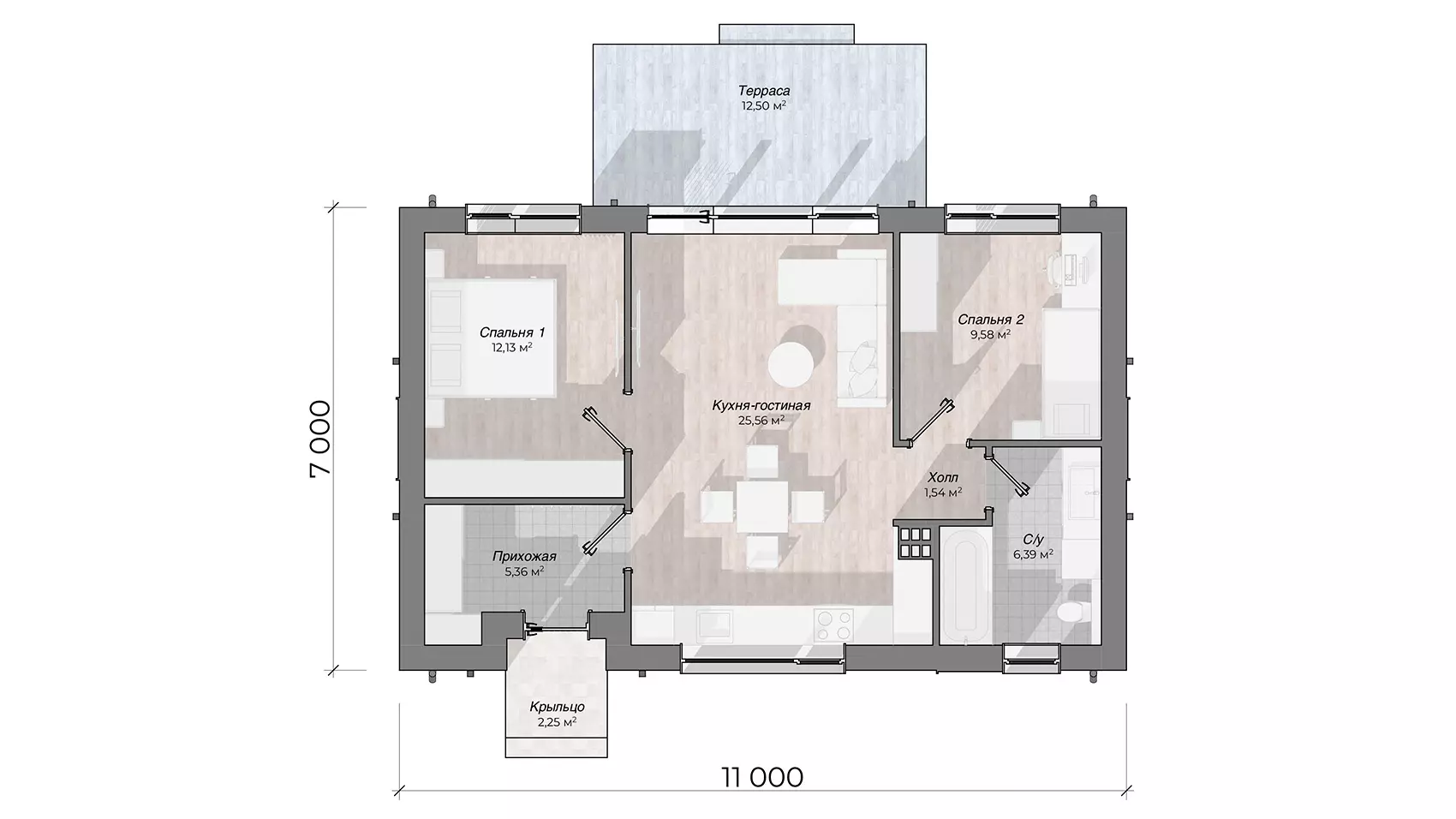 Планировка ТК-63 Дом из тёплой керамики Моретто, 63 м²