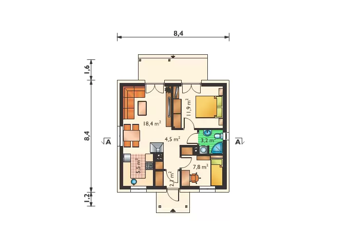 Планировка КД-53 Дом из кирпича Спалка, 53.4 м.кв.
