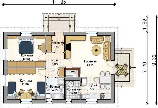 Планировка КД-73 Дом из кирпича Зобраме, 73.3 м.кв.