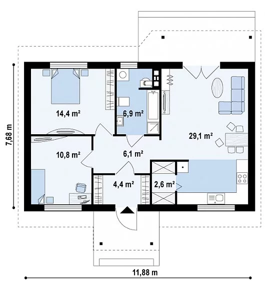 Планировка ПБ-74 Дом из пеноблока Месик, 74 м²