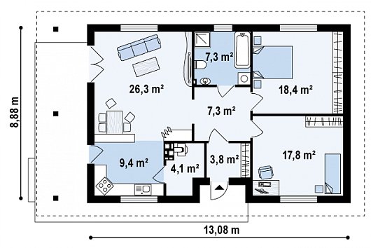 Планировка КД-95 Каменный одноэтажный Дунклун дом, 95 м.кв.