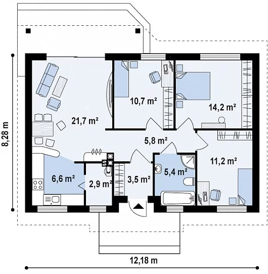 Планировка КБ-82 Дома из керамзитобетона Туманис, 82 м²