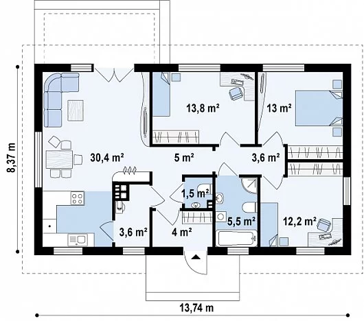Планировка ПБ-93 Дом из пеноблока Сказорис, 93 м²