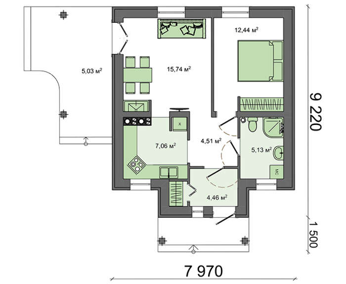 Планировка КОМБ-54 Комбинированный дом Готико, 54 м²