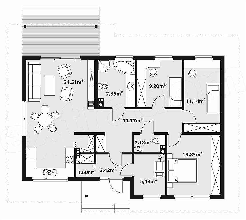 Планировка ТД-77 Дом из теплоблоков Неотерра, 77 м²