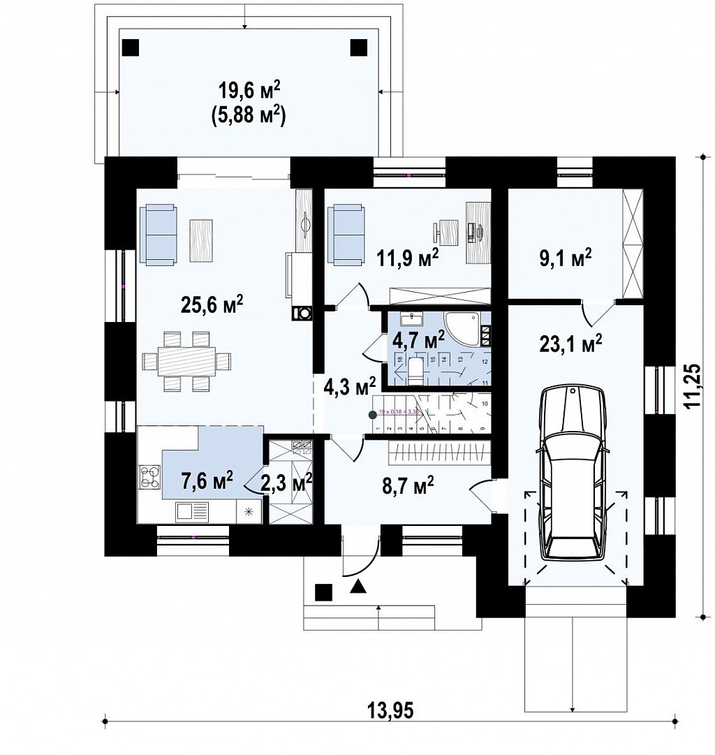Планировка КБ-95 Дома из керамзитобетона Тайреон, 95 м²
