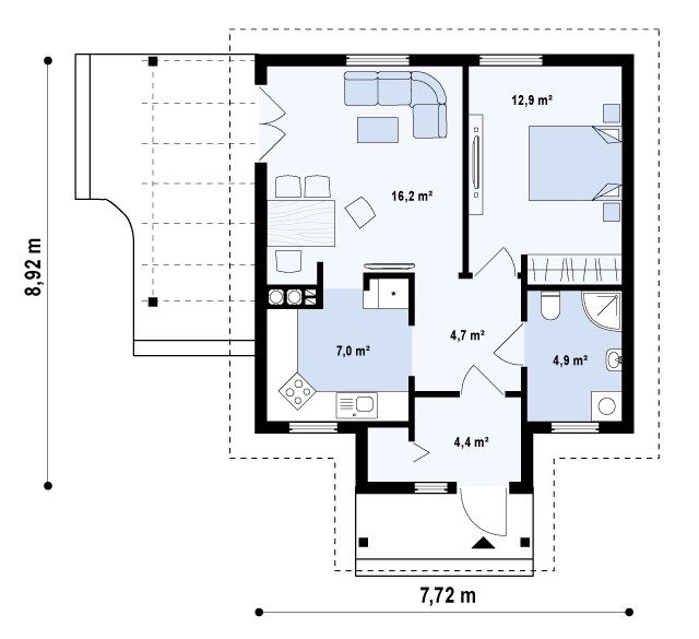 Планировка КБ-60 Дома из керамзитобетона Луминар, 60 м²