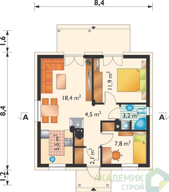 Планировка БД-53 Дом из блоков Аэролюм, 53 м²